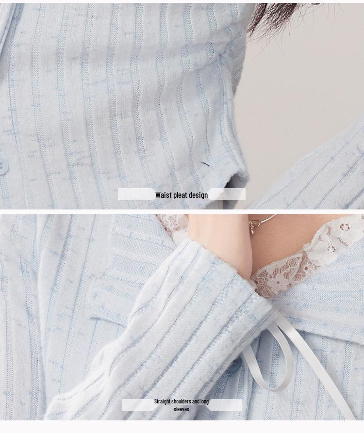 Kumikumi Women's Chic Blue Lace Tie-Up Long Sleeve Autumn Two-Piece Slimming T-Shirt