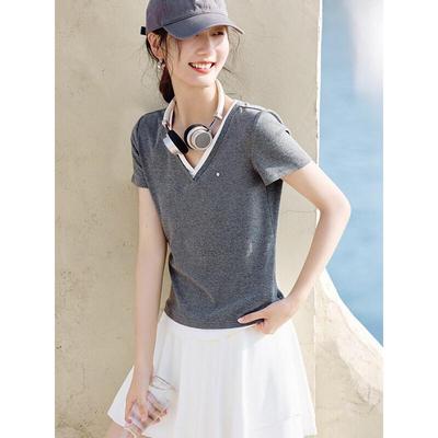 XWI Women's Colorblock V-Neck Faux Two-Piece T-Shirt