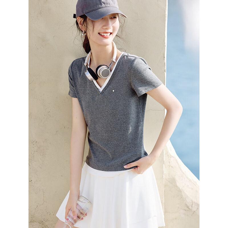 XWI Women s Colorblock V-Neck Faux Two-Piece T-Shirt S