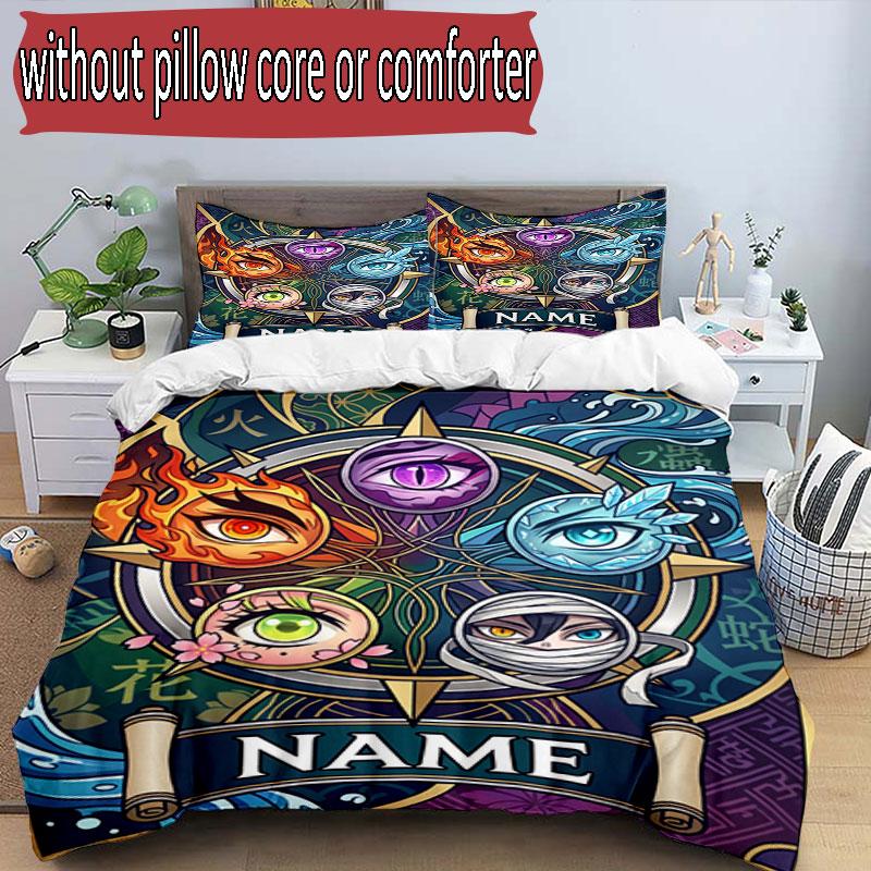 3pcs Duvet Cover Set (1*Duvet Cover + 2*Pillowcase, Without Core), Custom Name Demon Slayer Anime Pattern Bedding Set, Home Bedroom Decor Gift