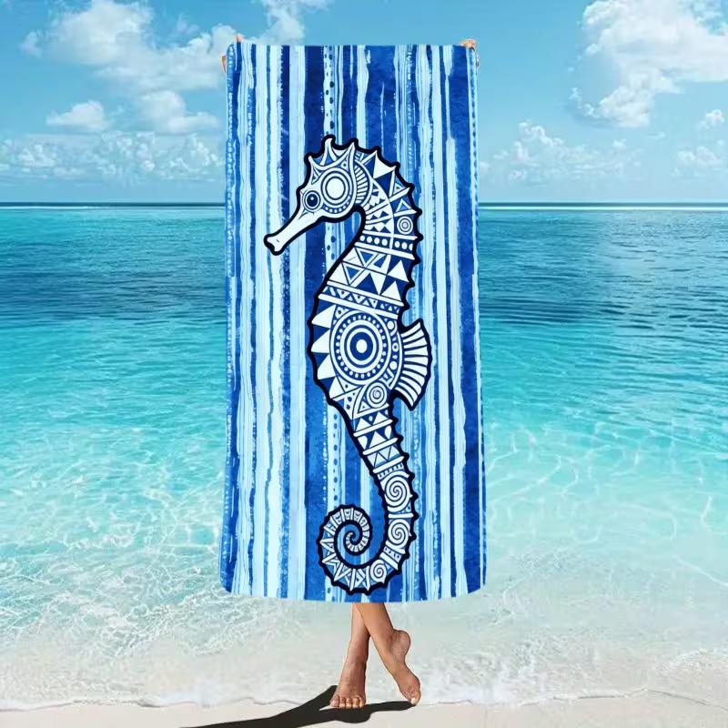 Bohemian Dolphin Print Beach Towel Quick Dry Lightweight Absorbent Blue Tribal Geometric Striped Design Towel for Summer