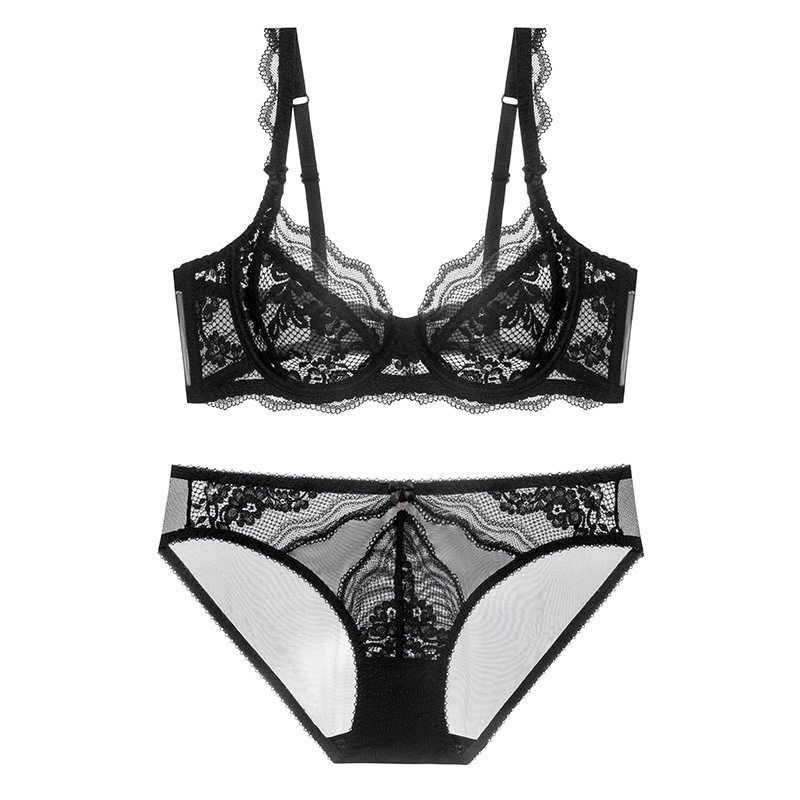 

Victtoia Mrs New Summer Thin Lace Bra Set Without Padding, Makes Large Busts Appear Smaller, European and American Style, Sexy Black 95D
