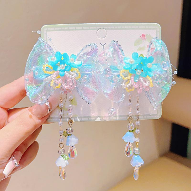 Kinder Nationalfeiertag Hanfu Kopfschmuck: Haarnadel mit Quaste und Schmetterling im antiken Stil mit Farbverlauf für Mädchen