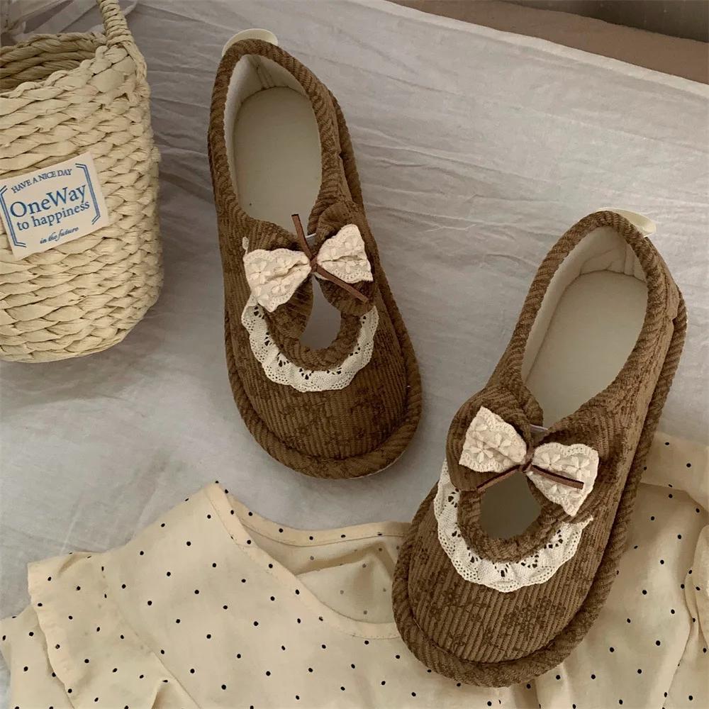 Retro Lace Bow Cotton Slippers Female Fashion Summer Thin Models Home Comfort Girls Package with Cotton Shoes