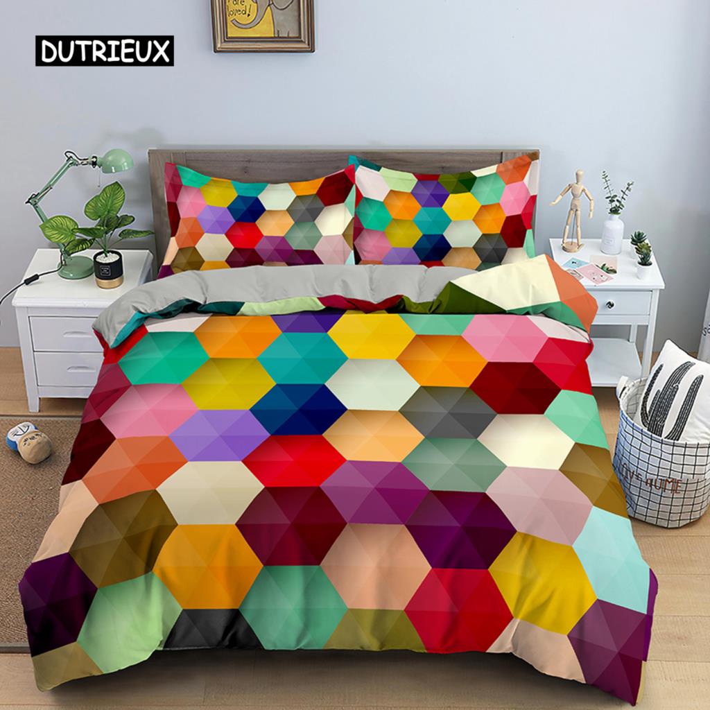 Geometric Printed Bedding Set Microfiber Colorful Lines Duvet Cover with Zipper Closure Queen King Size Quilt Cover Home Textile