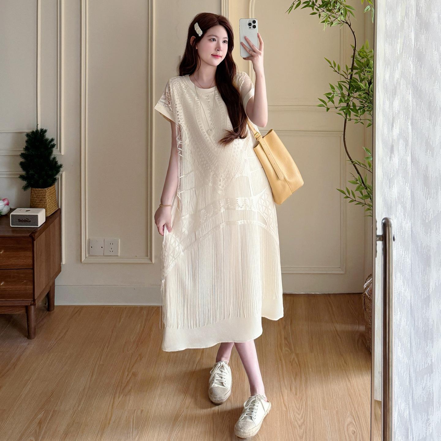 2026 Summer Korean Style Maternity Tassel Dress - Loose, Sweet, Age-Reducing Fashion L