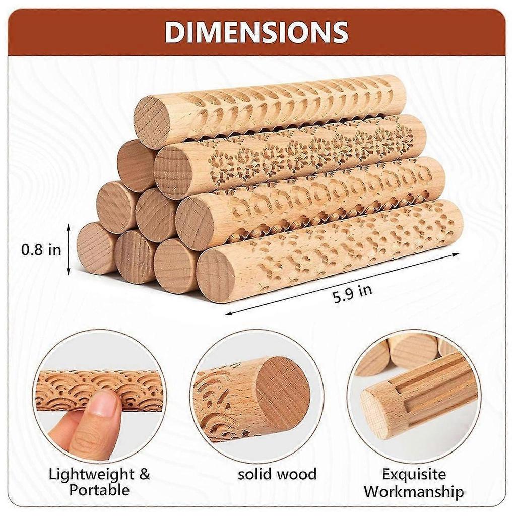 10 Pcs Wooden Clay Texture Roller Set for Pottery and Ceramics, Modeling Texture Rolling Pin Stencil Board Stamps