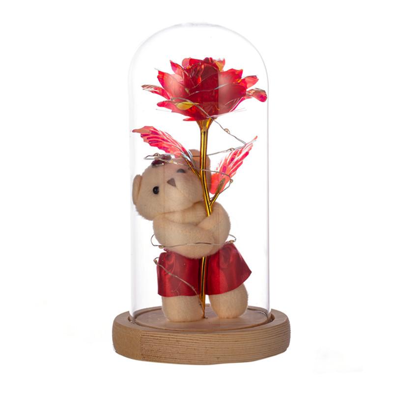Eternal rose bear glass cover, luminous LED light gold foil flower ornament simulation flower Valentine's Day creative gift