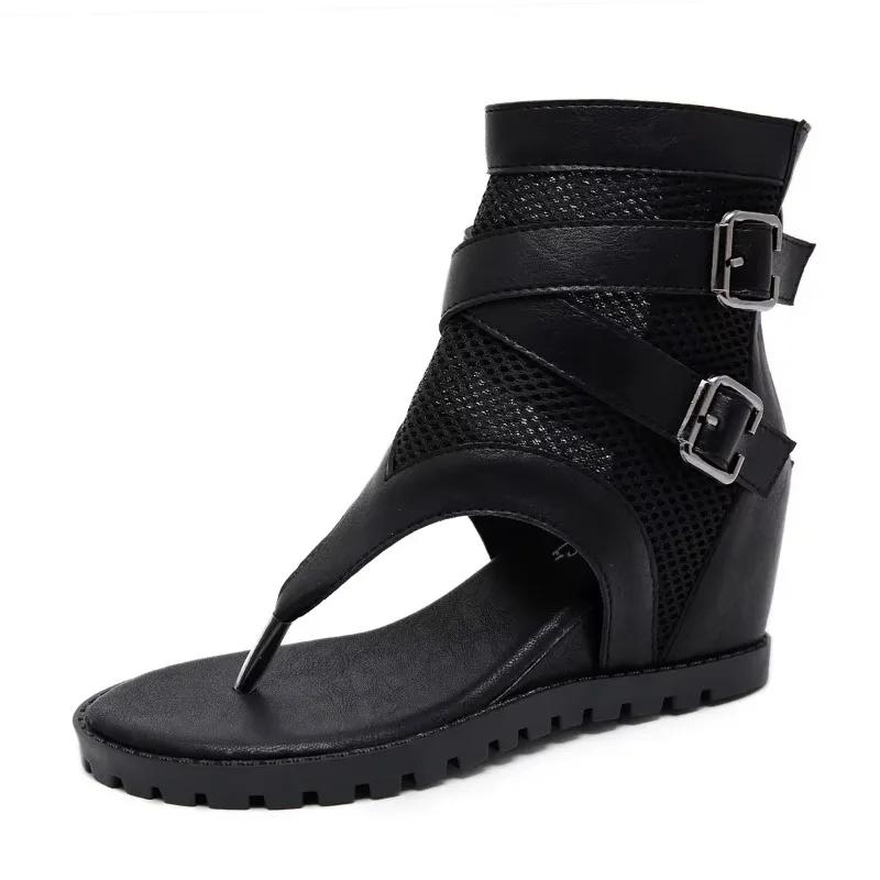 Fashion Hot Fashion Wedge Black Women's Sandals Summer Mesh Breathable Roman High-top Cove Heeled Comfor Buckle Belt Rear Zipper Shoe