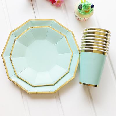 Reine mintgrüne Pappbecher, Teller mit bronziertem Einweggeschirr aus Papier für Partykuchen, Teller, Tassen, Hochzeit, Geburtstag, Bankett, Picknick, Dessertdekor