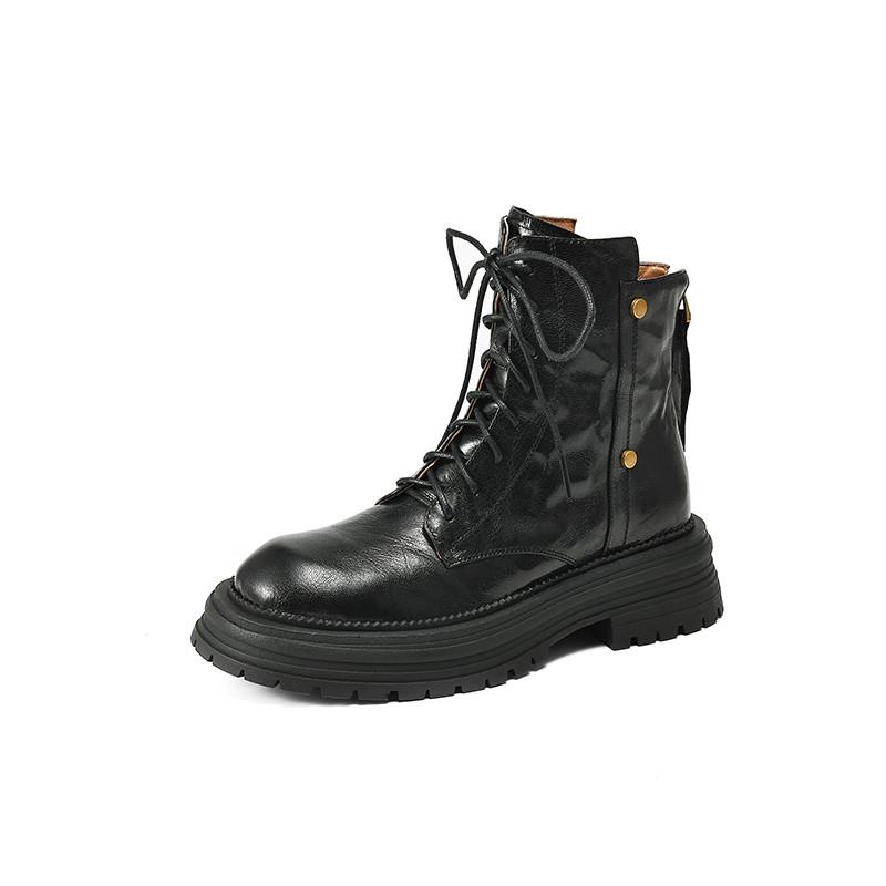 Fashion New Autumn/winter Genuine Leather Women Boots Round Toe Shoes for Women Fashion Boots Women Mid Heels Lace Platform Boots