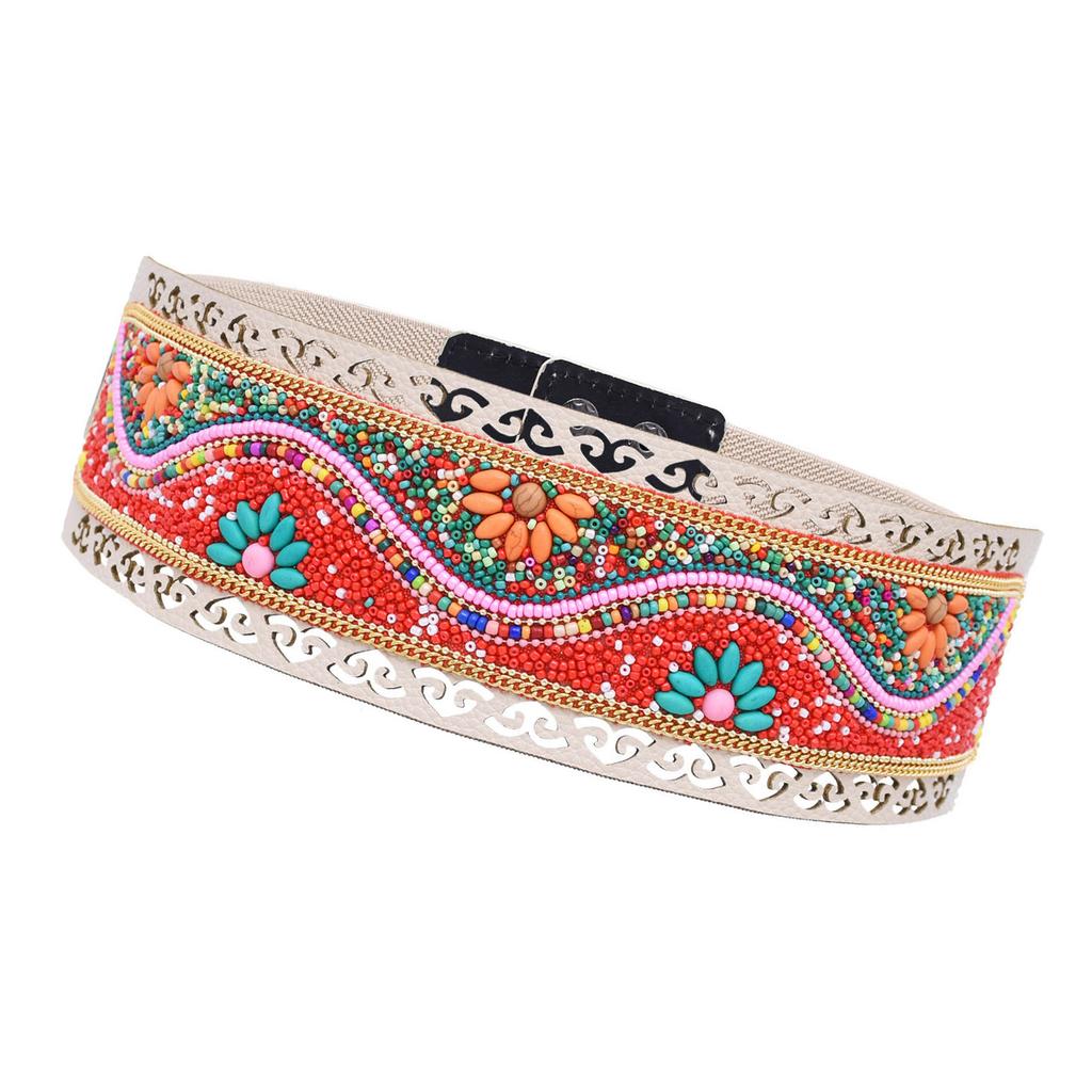 Adjustable Ethnic Waistband Decorative Cummerbund Belt with Flower Design Stretchy Wide Cinch Band for Dresses