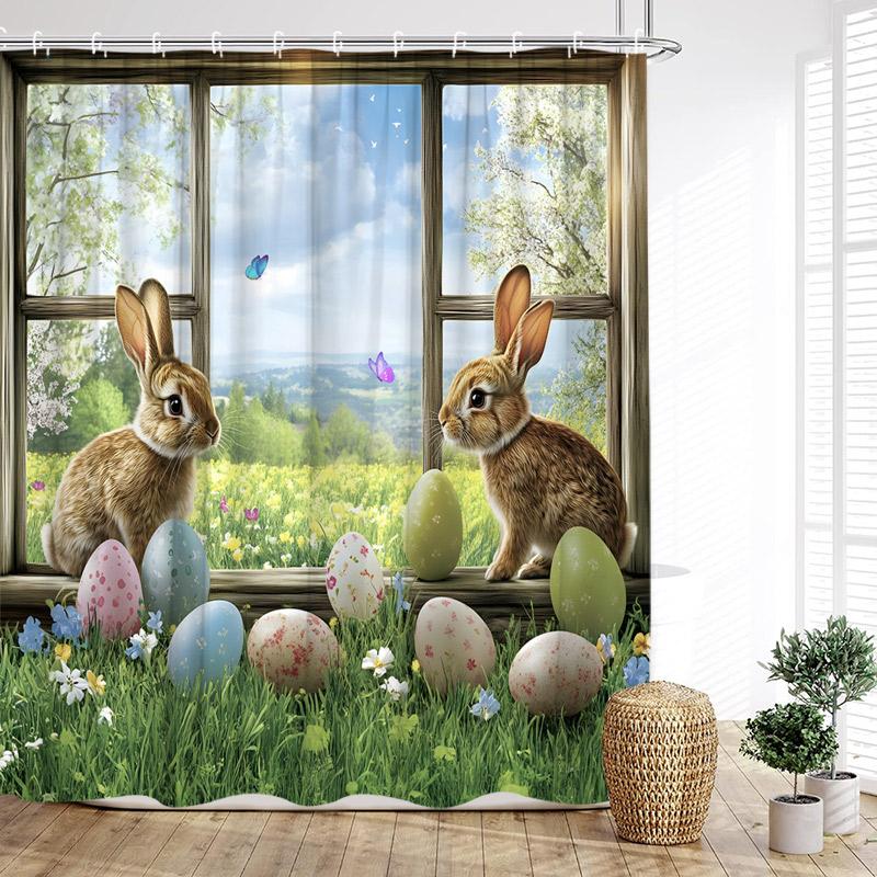 Funny Easter Shower Curtains Cute Bunny Rustic Butterfly Floral Rabbit Eggs Fabric Home Bathroom Curtain Decorative With Hooks