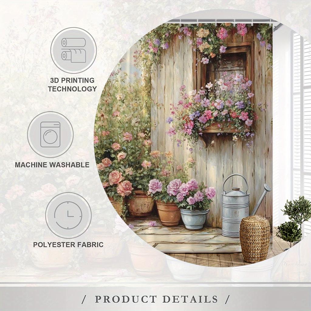 Rustic Garden Door Shower Curtain -Waterproof,Mildew-Resistant With Floral And Pot Design For A Cozy And Romantic Bathroom Decor