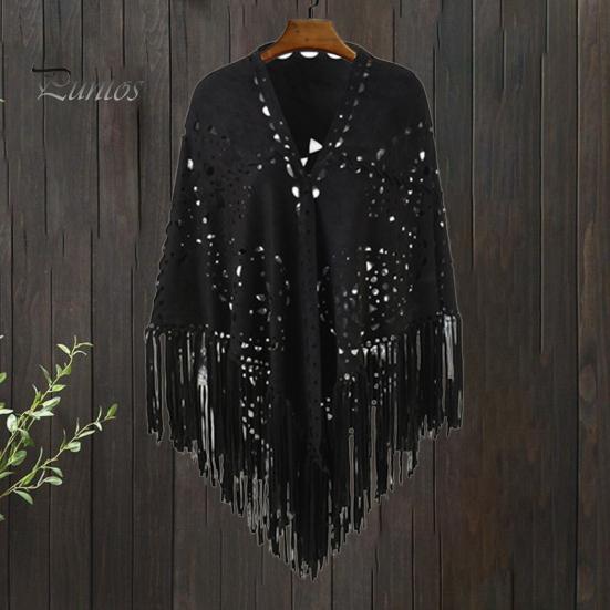 Winter Accessory Women Shawl Warm Fabric Solid Color Versatile Hollow Classic Tassels Hem Scarf Comfortable Wrap