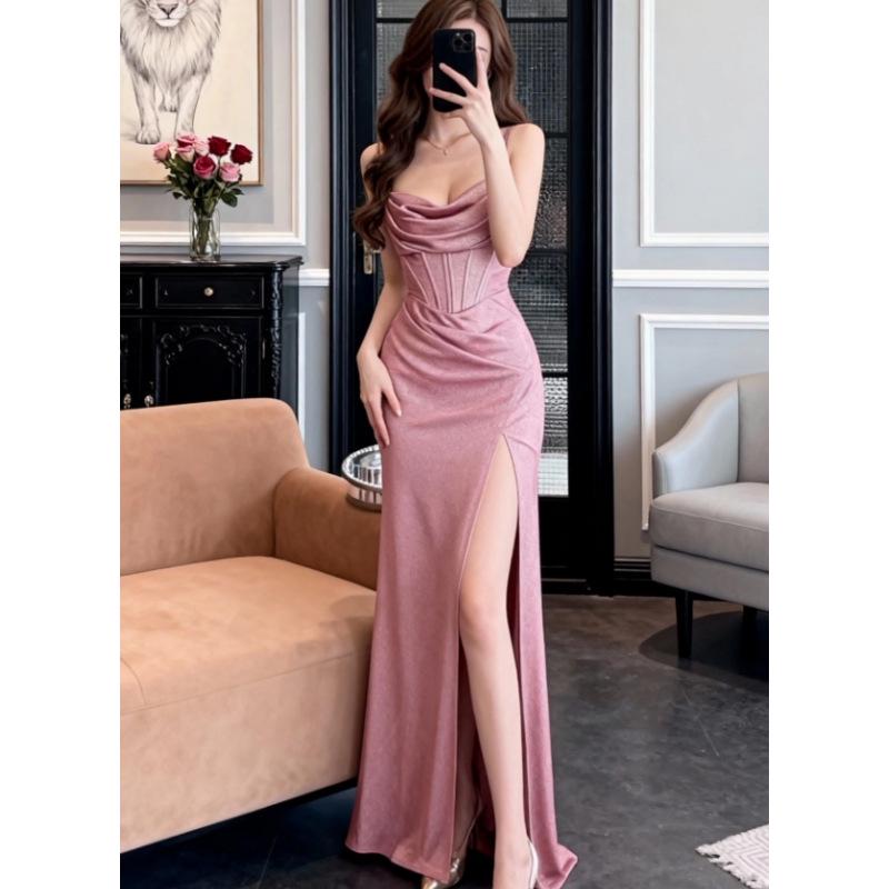 Elegant Sparkling Mermaid Gown with Thin Straps and Pleated Slit