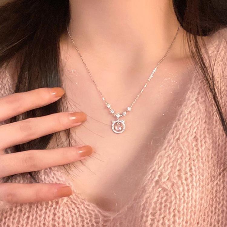 Korean Style Ins Sweet Girl Cat Pendant Rhinestone 925 Sterling Silver Necklace Jewelry Wholesale