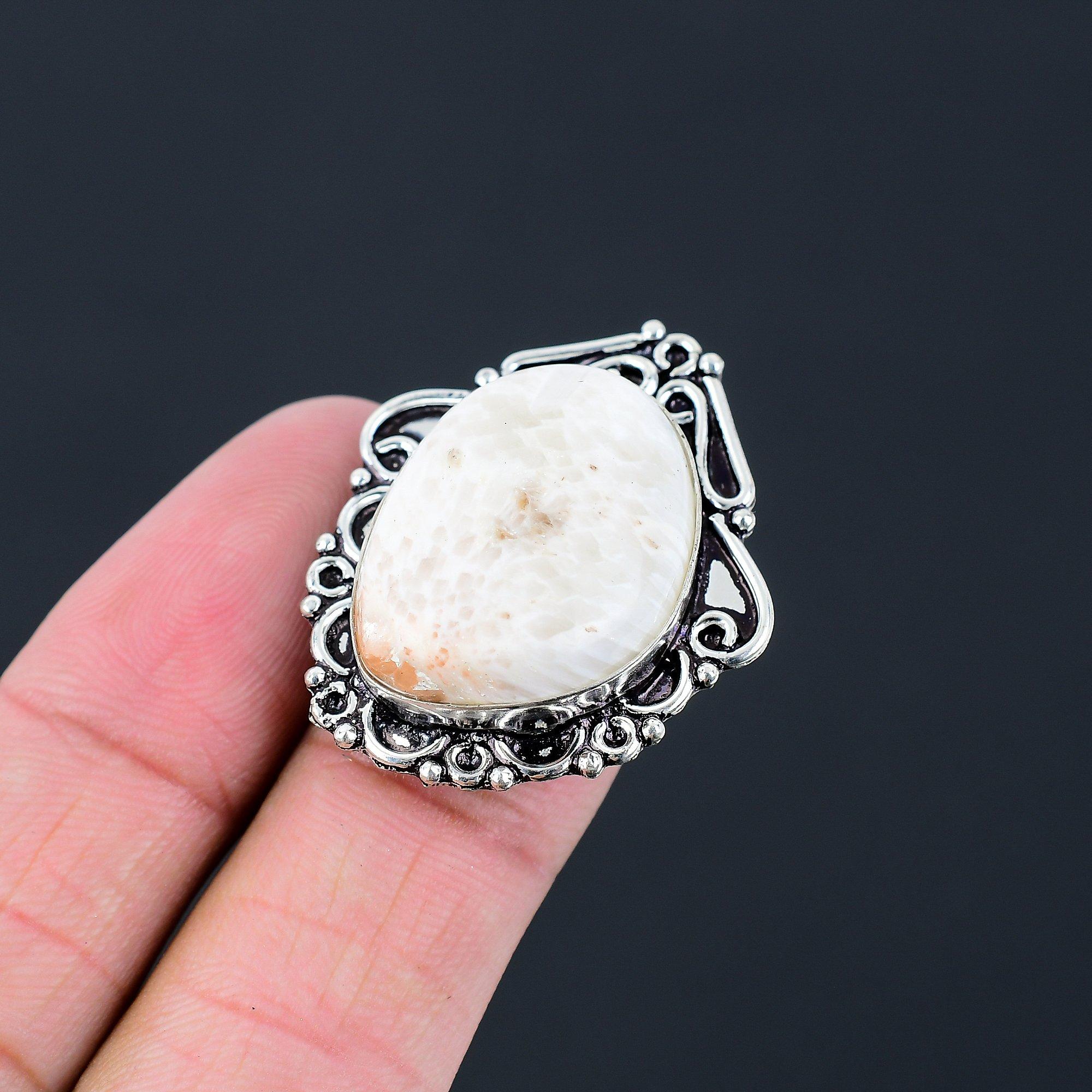 Пасхальное предложение Натуральный Сколецит Стерлинговое Серебро Кольцо-штабель Ювелирное изделие Размер 6.5 6.5