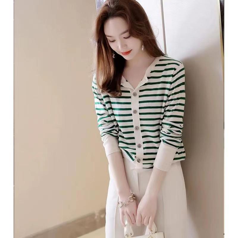 Women's Autumn French Retro Striped Knit Cardigan - Loose, Chic, and Stylish