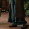 Vintage Patchwork Coffee Green Cotton Linen Skirt with Raw Edge and Large Hem