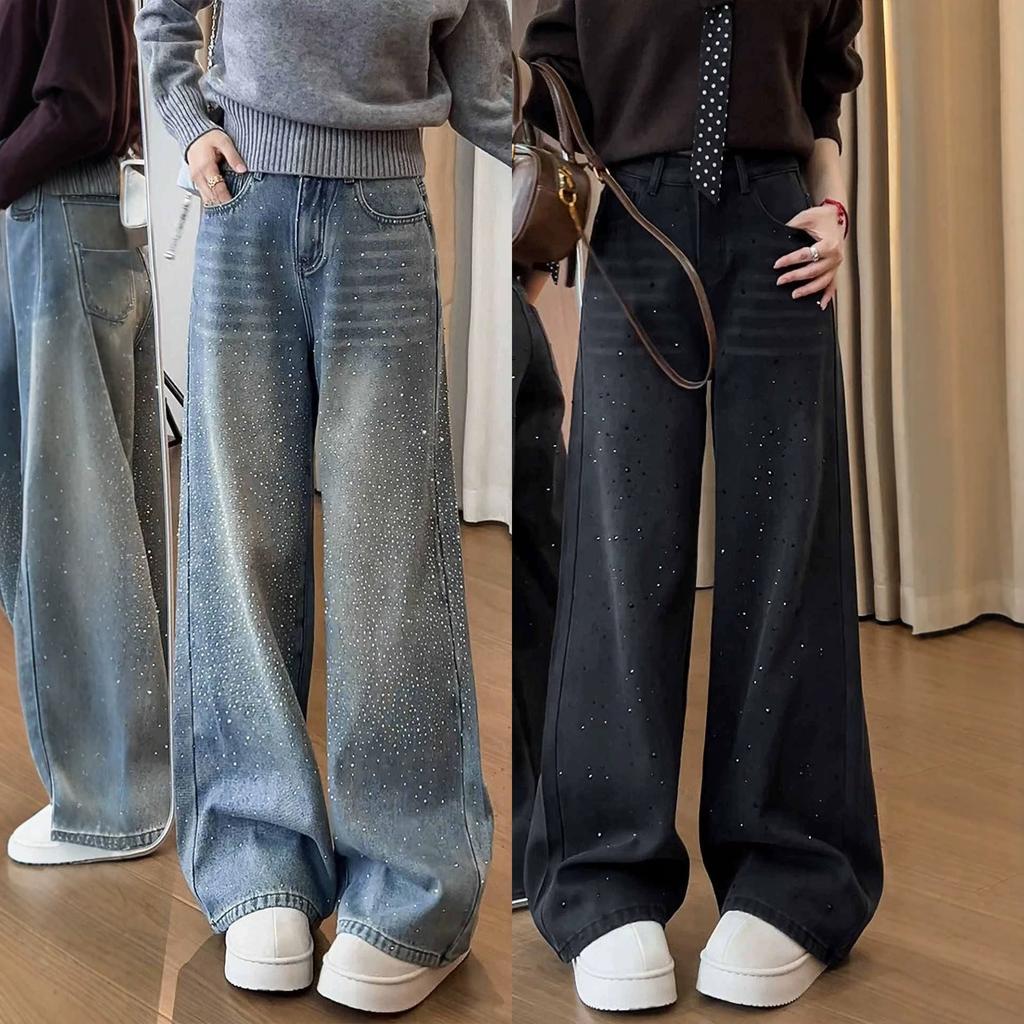 Women's High Rise Wide Leg Jeans Loose Straight Leg Denim Pants Rhinestone Vintage Commuter Trousers For Spring 2026