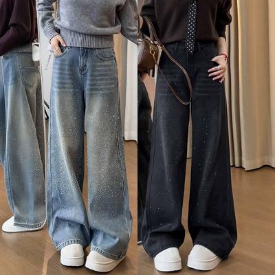 Damen Jeans mit hohem Bund und weitem Bein Lockerer gerader Schnitt Denim Hose Strasssteine Vintage Pendlerhose Für Frühling 2026