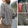 Camicia a Scacchi da Donna Manica Lunga Artistica Retro Casual Larga Plus Pizzo Gancio Fiore Patchwork Cotone Lino
