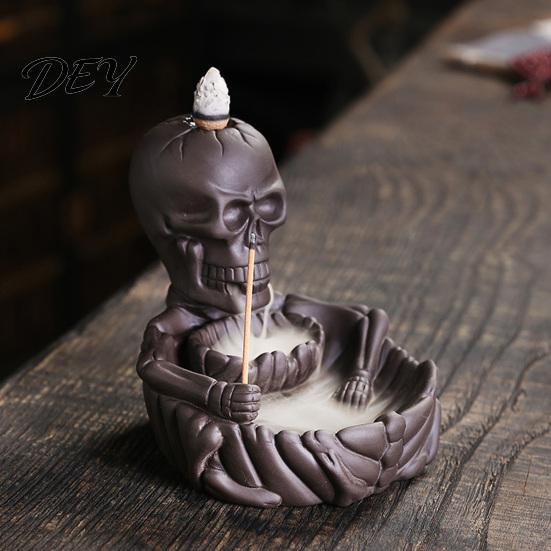 Traditional Craft Incense Burner Skeleton Burner, Backflow Waterfall Cone Holder, Gothic Skull Spooky Halloween Decor Stick Holder for Home