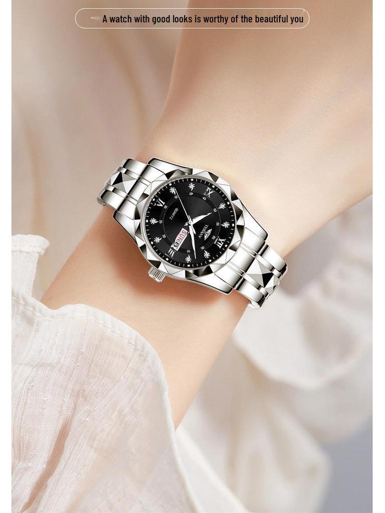 Women's Luminous Diamond Pattern Waterproof Quartz Watch with Double Calendar and Solid Band.