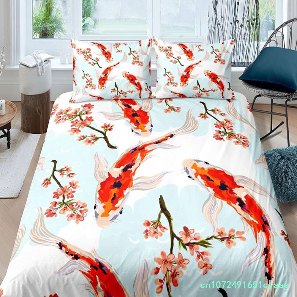 Japanese Ukiyo-e King Queen Duvet Cover Golden Fish Hokusai Bedding Set Crane Wave Quilt Cover Red Sun Polyester Comforter Cover
