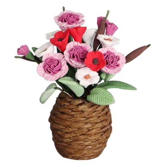Dollhouse Potted Plant 1:12 Scale Hand-Kneaded Miniature Rattan Flower Pot with Lifelike Petals Leaf Veins Dollhouse Decor Accessory