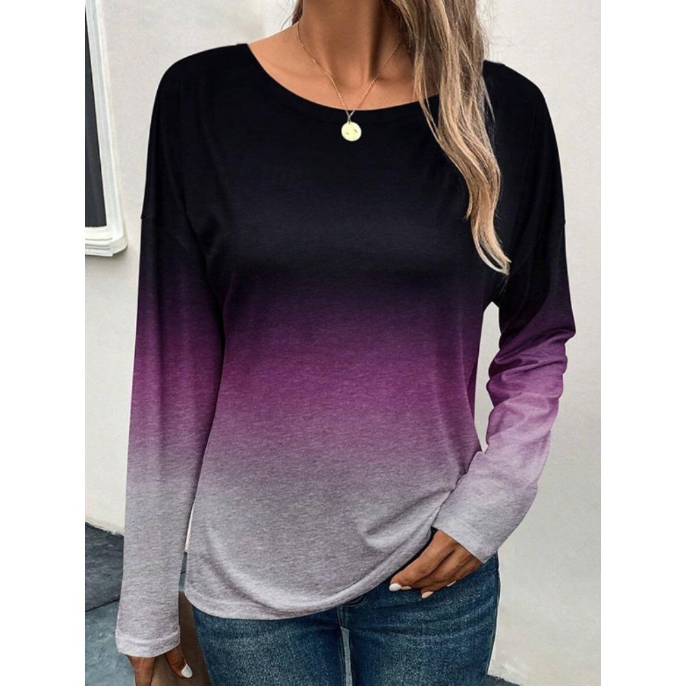 Tops for Women Ombre Print Round Neck Long Sleeve T-shirt Fall Casual Slim Pullover Women's Long Sleeve Top