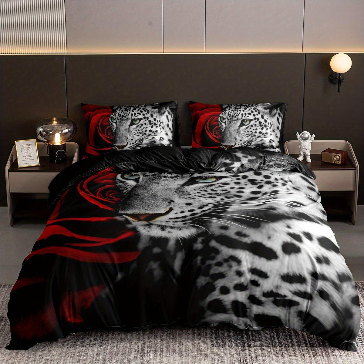 

Romantic Leopard Rose Duvet Cover Set Soft and Comfortable for Bedroom Bedding Set Includes 1 Duvet Cover and 2 Pillowcases 135X200cm