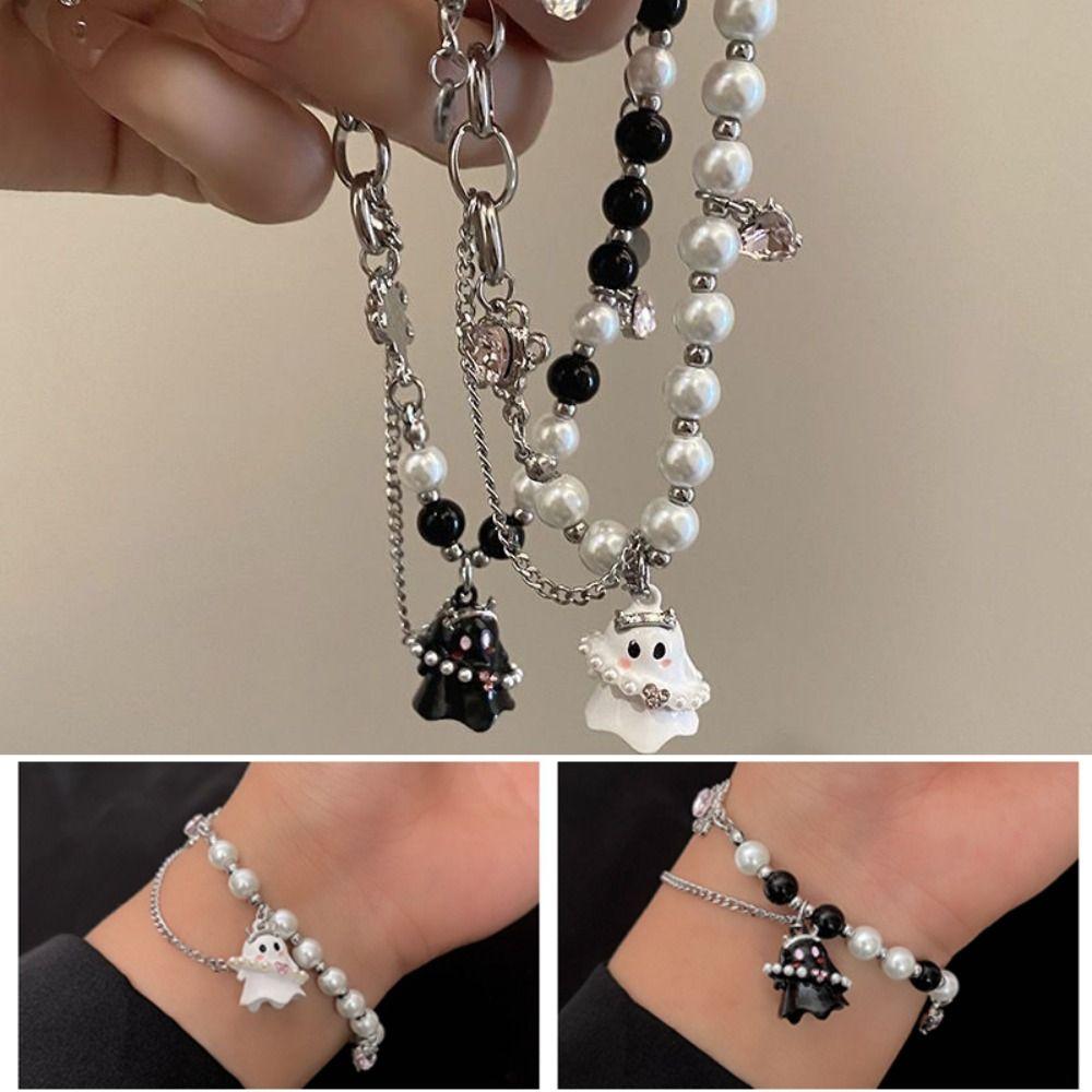 2PCS Pearl Beaded Halloween Couple Bracelets Funny Ghost Pendant Bracelet  Friends