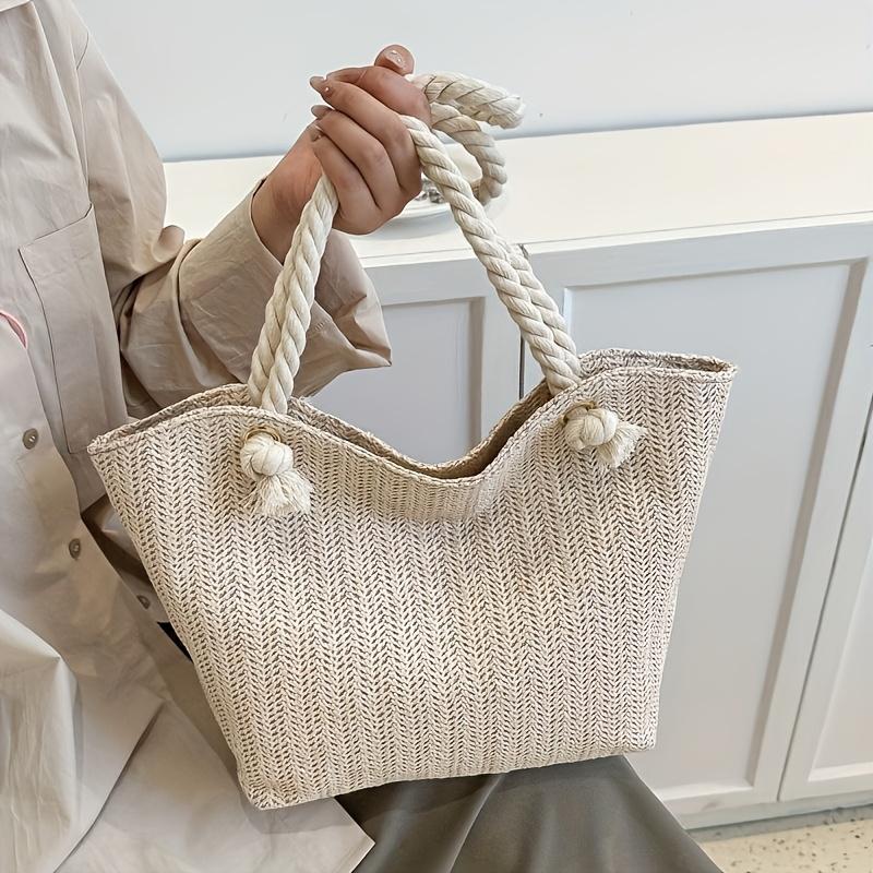 Boho Chic Handwoven Straw Tote Bag - Large Capacity, Lightweight Shoulder Handbag with Double Rope Handles & Decorative Knots for Beach