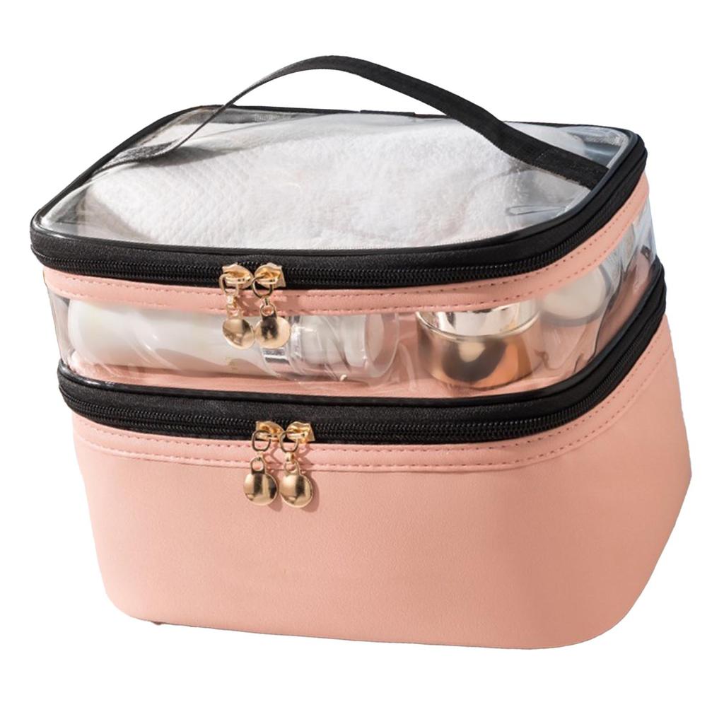 Double Layer Makeup Bag with Smooth Zippers Comfortable Handle Waterproof Sealed Travel Cosmetic