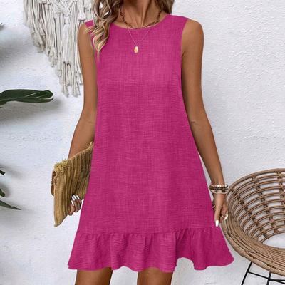 Rochie de vară cu volane, fără mâneci, guler rotund, culoare solidă, linie A, mini