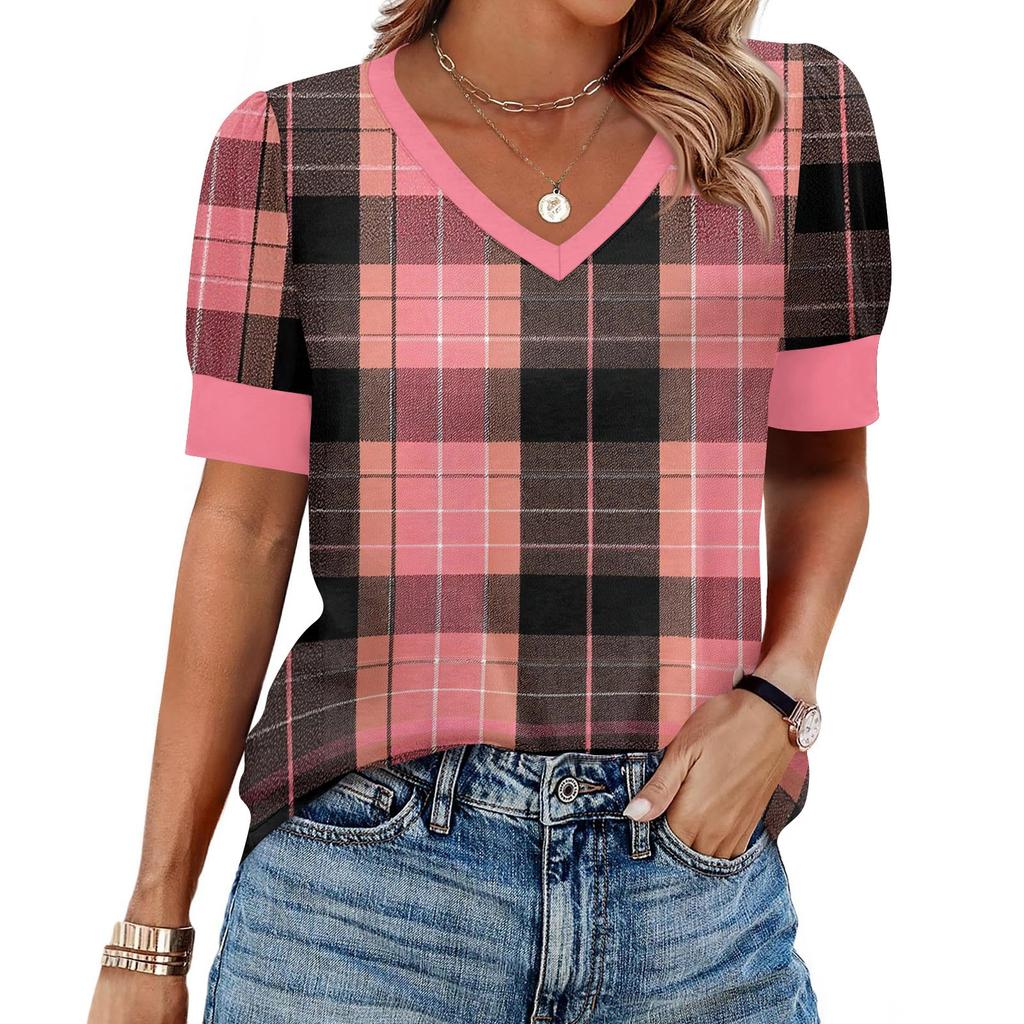 Women's Fashion Casual V- Neck Short Sleeve Print  Shirt Women's Up Tops