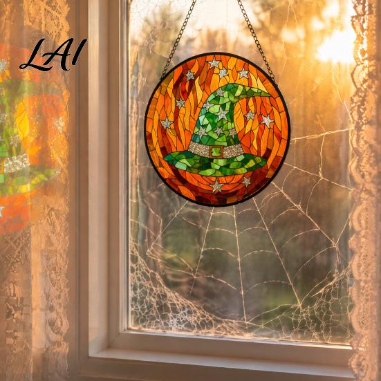 Creative Halloween Souvenirs Stained Glass Suncatcher Ornament Vintage Hanging Window Decor with Pumpkin Ghost Bat Witch Decorations Hat Pattern,