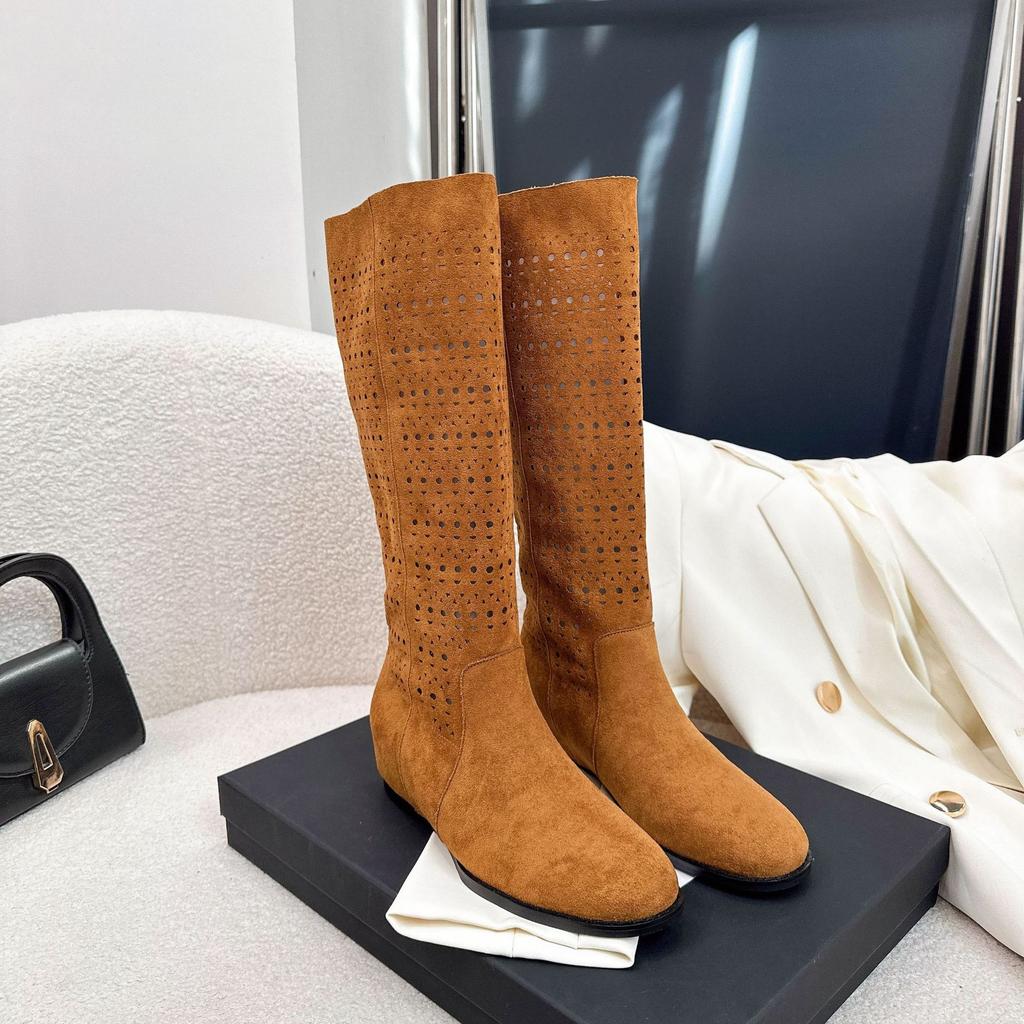 Cattle Suede Heightened by 5 Cm Maillard Hollow Flat-bottomed Boots Women's Autumn New Retro But Knee Knight Boots
