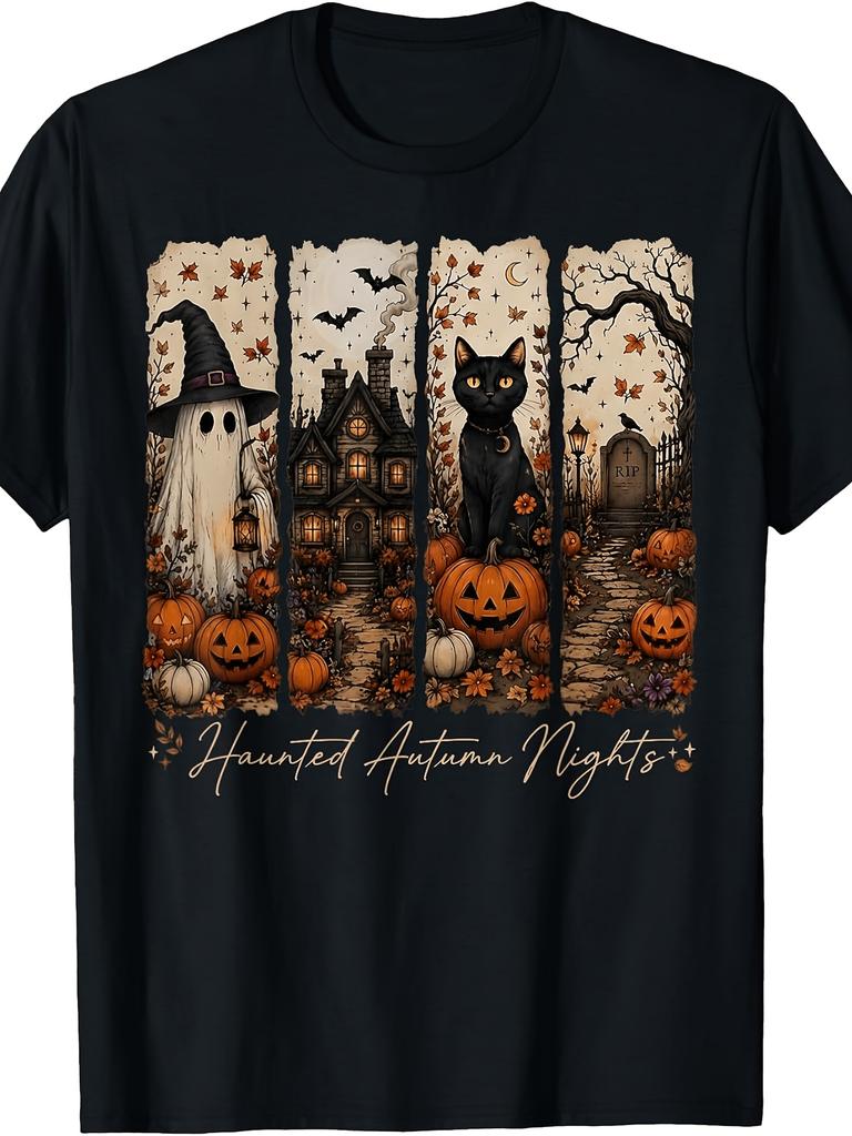 Unisex T-shirt Men's & Women's Retro Halloween T-Shirt - Haunted House Black Cat Pumpkin Suitable for Fall Parties,