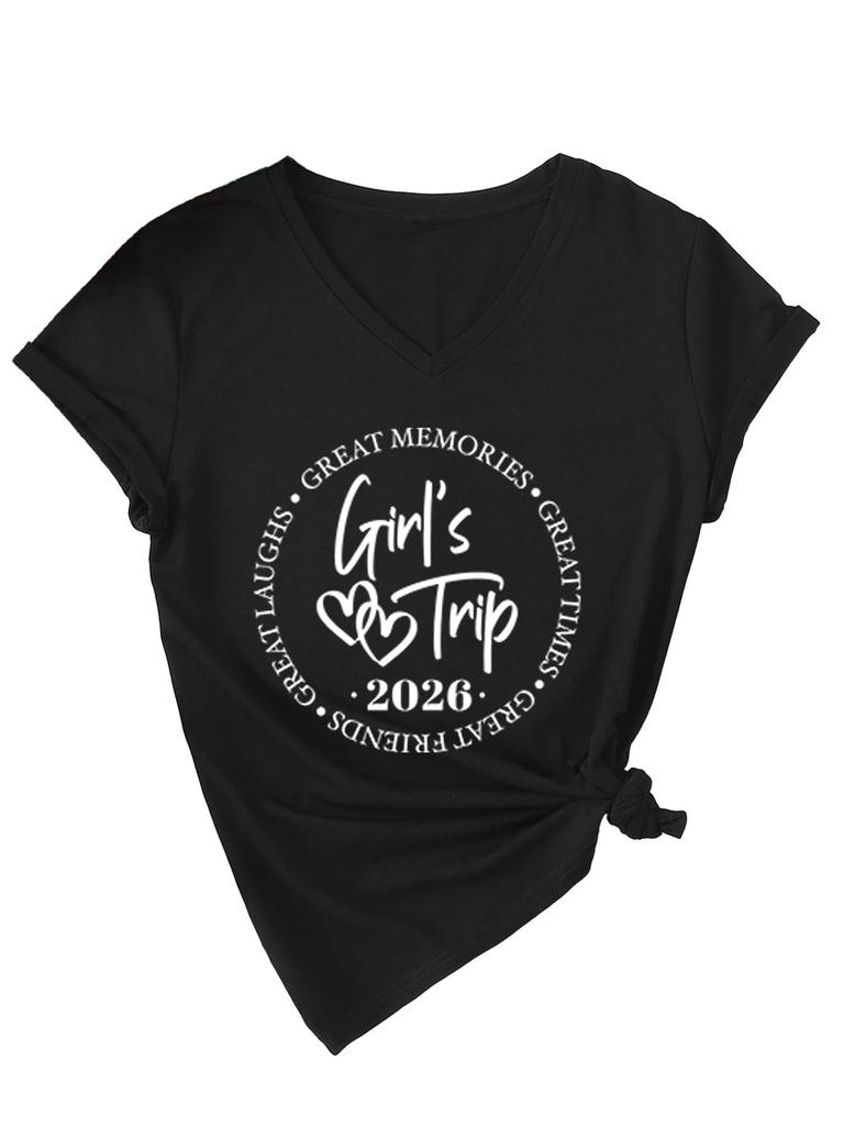 Casual and Comfortable Women's Girl's Trip Temperament V-neck Short-sleeved T-shirt