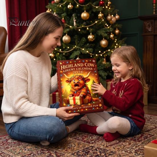 Countdown to Christmas 24 Days 3D Highland Cow Advent Calendar 2026, Festive Gift Box with Cute Farm Cattle Mini Figurines for Holiday Desk Ornaments