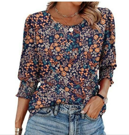 2025 Trendy Loose-Fit Women's Printed Five-Sleeve Round Neck T-shirt