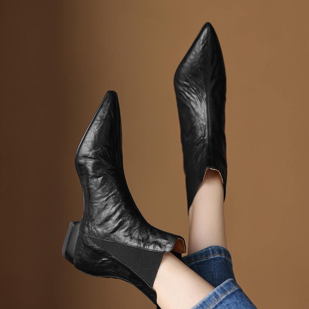 Krazing Pot Sheepskin Winter Pointed Toe Low Heels Chelsea Boots Women Slip On Elegant Women Ankle Boots