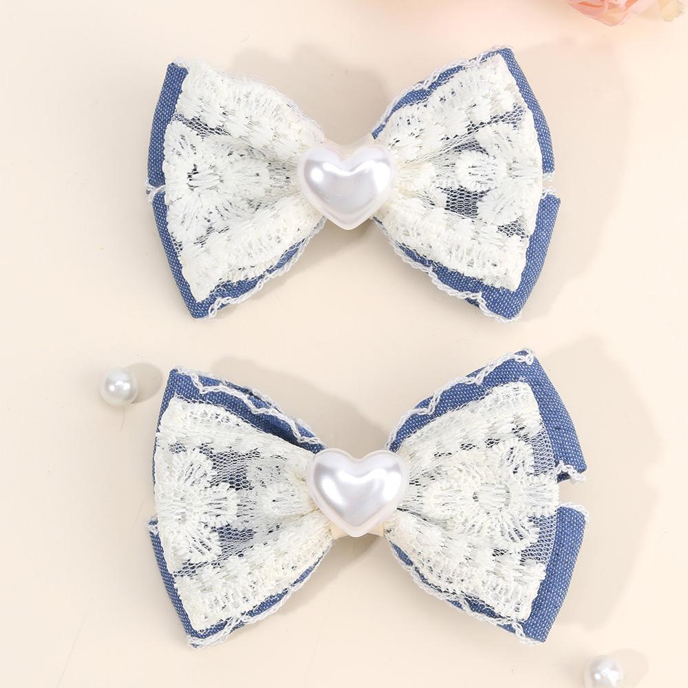 

2 шт. Джинсовые заколки для волос с жемчужным бантом, Нежные кружевные заколки для волос с цветочным узором, Цветочная вышивка, Заколка-автомат для девочек, Детские головные уборы, Аксессуары