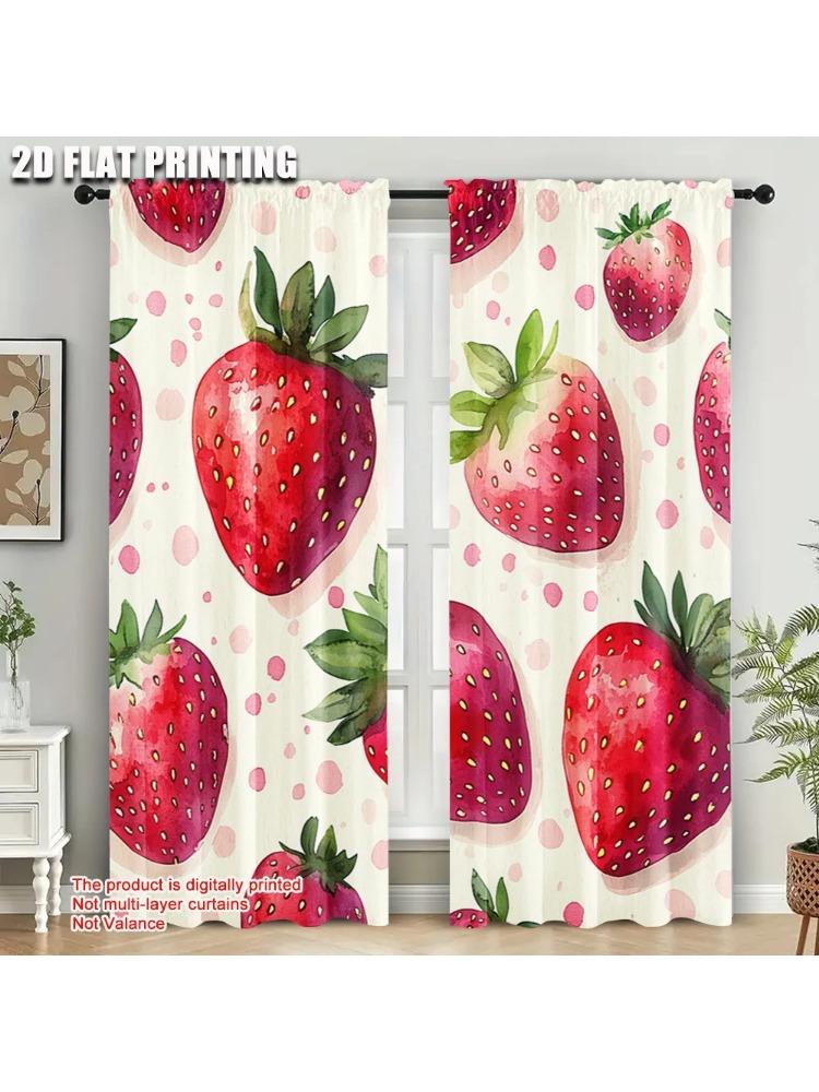 

Plane Printing Window Curtain Charming Watercolor Strawberries Durable Polyester Fabric Without Rod Festive Curtains Made Of W100*H70(CM)-Grommet top&1PCS