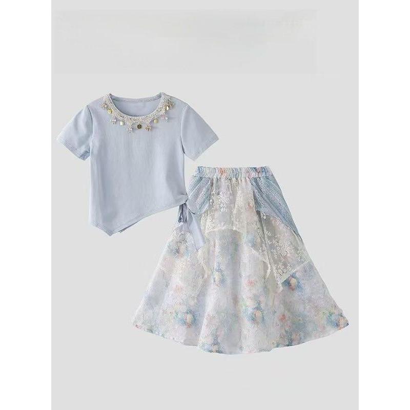 Girls  Sweet Set - Summer Children s Fashion Top and Skirt Two-Piece Set 130
