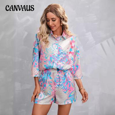 Plus Size Women's New Printed Three Quarter Sleeve Shorts Casual Suit