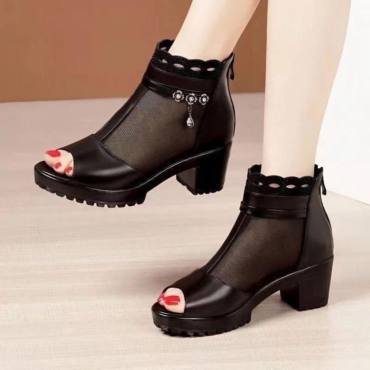 Women's Summer Soft Leather Mid Heel Mesh Short Boots Hollow Fish Mouth Fashion Cool Shoes